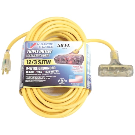 U.S. Wire & Cable SJTW Extension Cord, 12 AWG, Outdoor, 12/3, 3 Outlets, 5-15R, Yellow, Vinyl, 5-15P, 50 ft 76050